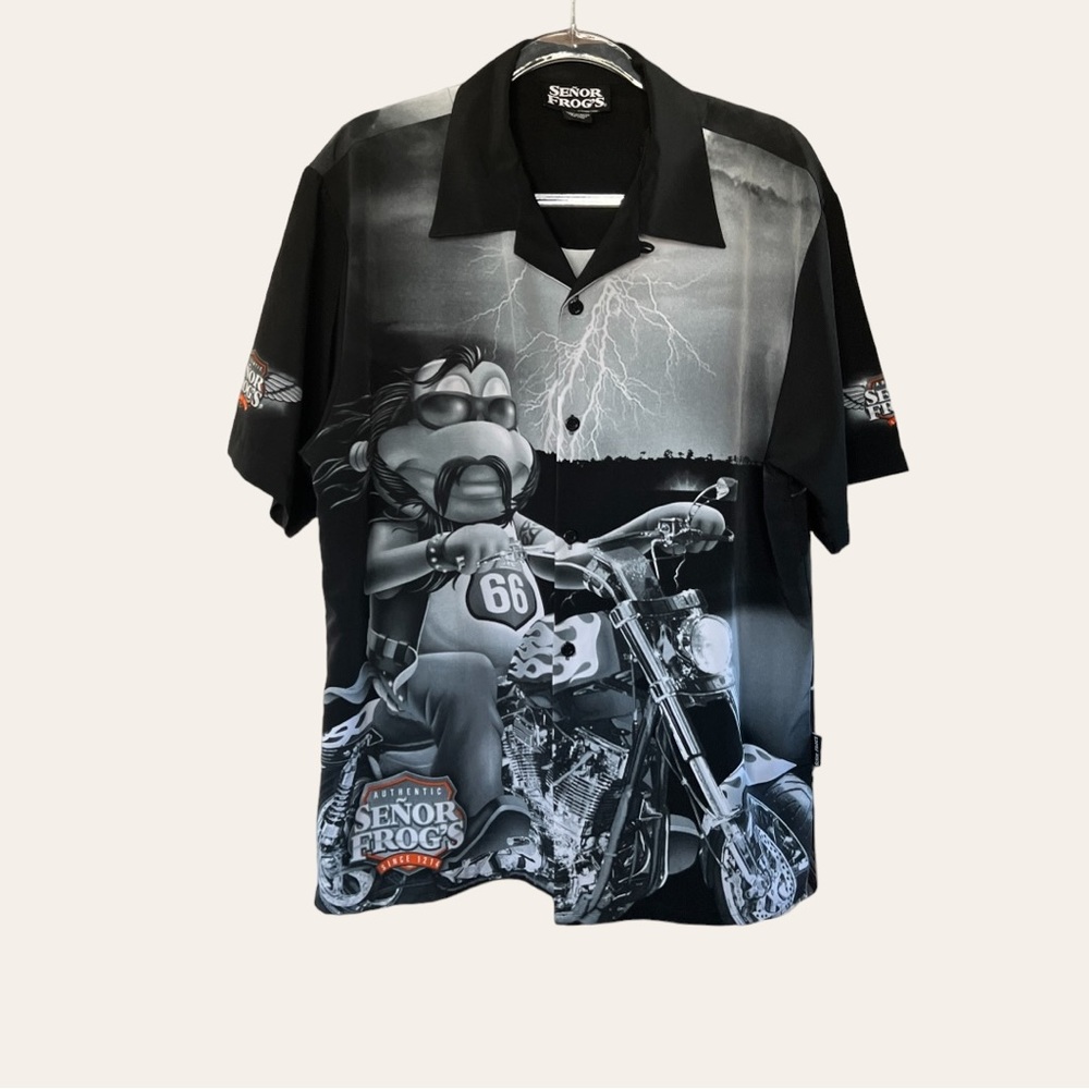 SENOR FROGS Biker Button Up Shirt Motorcycle Handlebar Mustache Rider